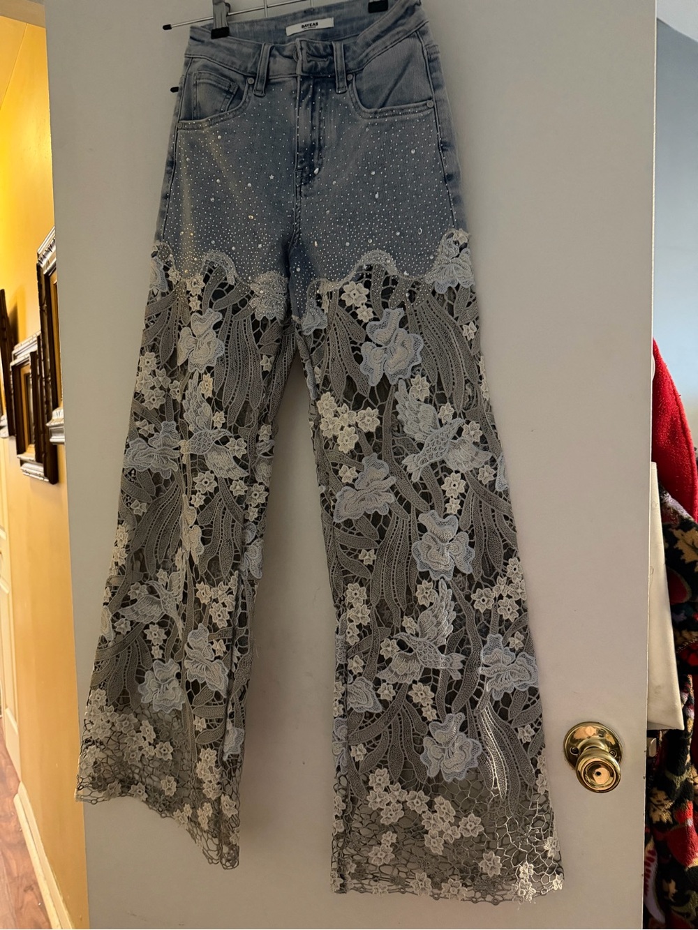 Bayeas Denim Wide-Leg Jeans with White Lace & Crystal Detail